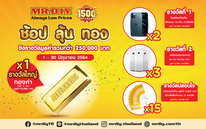 MR.DIY ฉลองครบ 1,500 สาขา ทั่วเอเชีย ส่งแคมเปญ “ช้อป ลุ้น ทอง” ชิงรางวัลใหญ่ทองคำหนัก 5 บาท และของรางวัลมากมาย รวมมูลค่ากว่า 250,000 บาท