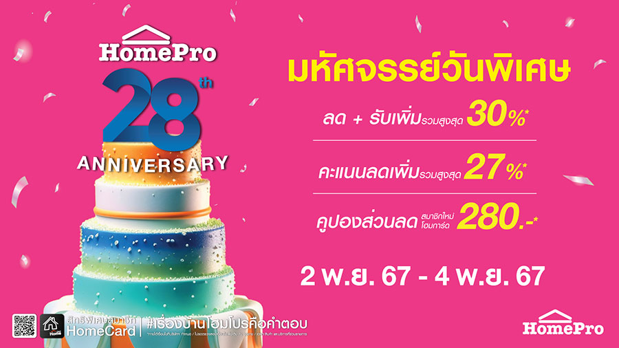 โฮมโปร ฉลองยิ่งใหญ่ครบรอบ 28 ปี กับ 8 WONDERS เสิร์ฟความมหัศจรรย์ตลอด 8 สัปดาห์เต็ม กับสินค้าเรื่องบ้านราคาพิเศษ ลดแรงส์ถึงสิ้นปี